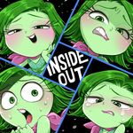  blush disgust disgust_(inside_out) disney female green_eyes green_hair green_skin hair inside_out lips looking_at_viewer open_mouth pink_lips pixar scarf sweat tears 
