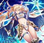  1girl bangs bare_shoulders bikini blonde_hair blue_background blue_eyes boots bradamante_(fate/grand_order) braid breasts cape cleavage commentary_request elbow_gloves fate/grand_order fate_(series) faulds french_braid gloves hair_ornament highres knee_boots long_hair looking_at_viewer navel parted_lips scepter shield solo star starry_background swimsuit tea_sly thigh_strap twintails very_long_hair weapon 
