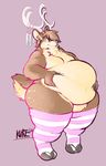  belly big_belly cappucino cervine clothed clothing deer half-dressed leggings legwear male mammal moobs obese overweight smile solo thick_thighs topless 