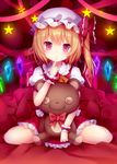  amashiro_natsuki bad_id bad_pixiv_id blonde_hair button_eyes finger_to_mouth flandre_scarlet frilled_skirt frills hat head_tilt highres looking_at_viewer mob_cap on_bed pillow puffy_short_sleeves puffy_sleeves red_eyes short_hair short_sleeves side_ponytail sitting skirt skirt_set solo star stuffed_animal stuffed_toy teddy_bear touhou wariza wings wrist_cuffs 