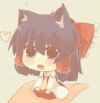  :3 animal_ears bow cat_ears chibi commentary detached_sleeves fang hair_bow hair_tubes hakurei_reimu hands hazuki_ruu in_palm kemonomimi_mode minigirl necktie open_mouth out_of_frame red_bow solo_focus touhou wide_sleeves 