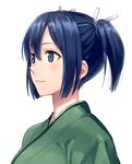  bad_id bad_twitter_id blue_eyes blue_hair hair_ribbon japanese_clothes kantai_collection kimono kinosuke_(sositeimanoga) looking_to_the_side portrait profile ribbon short_hair simple_background solo souryuu_(kantai_collection) twintails upper_body white_background 