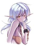  bare_shoulders bdsm blue_hair blush bra breasts brown_eyes chain covering_mouth cuffs cuffs-to-collar dark_elf elf elf_slave_(maullarmaullar) hand_over_own_mouth large_breasts laughing long_hair low_twintails maullarmaullar original pointy_ears purple_skin shackles slave smile solo strapless strapless_bra twintails underwear upper_body 