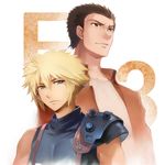  2boys black_hair blonde_hair blue_eyes bomber_jacket brown_eyes cloud_strife crossover electronic_entertainment_expo eyebrows final_fantasy final_fantasy_vii hazuki_ryou jacket male_focus miyo_(13th_floor) multiple_boys shenmue shenmue_iii sleeveless sleeveless_turtleneck spiked_hair trait_connection turtleneck 