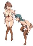  bikini bikini_top blush breasts brown_hair dress_shirt green_eyes green_hair hair_ornament hairclip halterneck hanging_breasts kantai_collection kumano_(kantai_collection) looking_at_another lowleg lowleg_bikini medium_breasts multiple_girls navel ningen_(ningen96) open_clothes open_shirt panties pigeon-toed pink_panties ponytail shirt simple_background skirt small_breasts smile suzuya_(kantai_collection) swimsuit tareme thighhighs underwear undressing white_background 