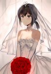  bare_shoulders black_eyes black_hair bouquet breasts bridal_veil bride choker collarbone dress elbow_gloves flower fubuki_(kantai_collection) gloves hews_hack holding holding_flower kantai_collection red_flower red_rose rose short_hair short_ponytail small_breasts smile solo strapless strapless_dress tears tiara veil wedding_dress white_dress white_gloves 