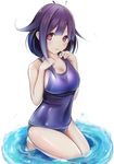  ahoge kantai_collection long_hair nannacy7 old_school_swimsuit one-piece_swimsuit purple_eyes purple_hair school_swimsuit smile solo swimsuit taigei_(kantai_collection) 