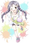  bike_shorts black_hair blush braid brown_eyes hair_ornament hairclip highres idolmaster idolmaster_cinderella_girls inkling long_hair miyoshi_sana one_eye_closed paint parody regular_mow running shirt shoes shorts smile sneakers solo splatoon_(series) splatoon_1 splattershot_(splatoon) t-shirt twin_braids twintails water_gun 