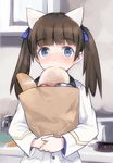  animal_ears bag blue_eyes blush brave_witches bread brown_hair food georgette_lemare hair_ribbon long_hair lowres military military_uniform paper_bag pot ribbon shimada_fumikane solo stove twintails uniform world_witches_series 