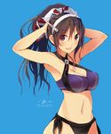  :d adapted_costume adjusting_hair ashigara_(kantai_collection) bikini breasts brown_eyes brown_hair cleavage criss-cross_halter dated halter_top halterneck highres kantai_collection large_breasts open_mouth ponytail side-tie_bikini signature smile solo swimsuit tebi_(tbd11) 