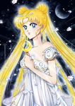  bishoujo_senshi_sailor_moon blonde_hair blue_eyes crystal detached_sleeves double_bun dress earrings earth facial_mark forehead_mark hair_ornament hairclip highres jewelry long_hair looking_at_viewer moon_stick official_style parted_lips petals princess_serenity rose_petals skai_(archaedia) solo tsukino_usagi very_long_hair white_dress 