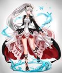  breasts butterfly dress fire gradient gradient_background green_eyes grey_hair hair_ornament lailah_(tales) multicolored_hair shoes tales_of_(series) tales_of_zestiria very_long_hair 