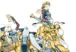  arm_up bad_id bad_nicoseiga_id between_breasts bismarck_(kantai_collection) blonde_hair breasts cigarette crossed_legs detached_sleeves gloves goggles goggles_on_head grey_legwear ground_vehicle gun kantai_collection looking_to_the_side low_twintails machine_gun map medium_breasts mg42 motor_vehicle motorcycle multiple_girls ninimo_nimo no_hat no_headwear prinz_eugen_(kantai_collection) sidecar sitting sunglasses thighhighs twintails weapon white_background white_gloves 