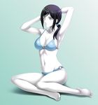  armpits arms_behind_head bare_shoulders barefoot bikini black_hair blue_background breasts cleavage collarbone grey_eyes groin highres long_hair medium_breasts navel o-ring o-ring_bikini ponytail shiny shiny_hair sideboob solo swimsuit tamamon white_skin wii_fit wii_fit_trainer 