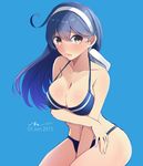  ahoge alternate_costume artist_name bikini black_hair blue_background blush breast_rest breasts cleavage dated headband highres kantai_collection large_breasts long_hair looking_at_viewer open_mouth remodel_(kantai_collection) shiny shiny_skin signature simple_background solo strap_gap swimsuit tebi_(tbd11) ushio_(kantai_collection) 