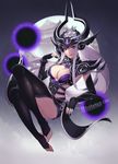 armor barefoot black_gloves black_legwear black_nails breasts citemer cleavage feet fingerless_gloves gloves large_breasts league_of_legends long_hair looking_at_viewer nail_polish purple_eyes smile solo syndra thighhighs toeless_legwear toes white_hair 