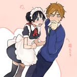  1girl alternate_costume alternate_hairstyle black_hair blue_eyes blush braid brown_eyes brown_hair couple enmaided hetero kitashirakawa_tamako long_hair maid momose_(oqo) ooji_mochizou school_uniform short_hair tamako_market thighhighs 