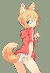  animal_ears blonde_hair fox_ears fox_tail green_eyes hood hood_down hooded_track_jacket hoodie jacket looking_back no_pants original panties roke solo sweater tail tail_through_clothes track_jacket underwear untying white_panties 