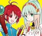  1boy 1girl ahoge aqua_eyes blue_hair card hair_ornament lailah_(tales) long_hair mao_(tales) open_mouth ponytail red_eyes red_hair short_hair simple_background smile tales_of_(series) tales_of_rebirth tales_of_zestiria weapon yellow_background 