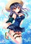  blue_eyes blush breasts brown_eyes hand_on_own_chest hat kantai_collection long_hair looking_at_viewer medium_breasts nogi_takayoshi one-piece_swimsuit polka_dot polka_dot_swimsuit sandals skirt solo straw_hat swimsuit thigh_strap ushio_(kantai_collection) 