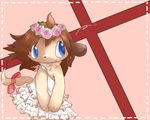  &lt;3 blue_eyes bow brown_hair canine flower_crown hair kemono mammal simple_background solo しろくろいの 