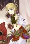  aphmau belt blonde_hair blue_eyes cowboy_shot earrings eyelashes final_fantasy final_fantasy_xi hair_ribbon highres holding_hands indoors jewelry looking_at_viewer midriff mnejing morere navel ovjang puppet ribbon sash smile solo_focus 