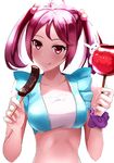  akabane_rin candy_apple chocolate_banana food hair_ornament highres kantai_collection long_hair pink_eyes pink_hair sazanami_(kantai_collection) scrunchie smile solo swimsuit tongue twintails wrist_scrunchie 