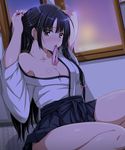  adjusting_hair bad_id bad_nicoseiga_id black_hair blush breasts cleavage commentary highres indoors japanese_clothes kantai_collection kimono long_hair looking_at_viewer medium_breasts mouth_hold night nijimoto_hirok off_shoulder purple_eyes shouhou_(kantai_collection) single_bare_shoulder sitting skirt solo sweat tears thighs very_long_hair window 