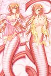  artist_request blush breasts covering covering_crotch dakimakura hair_ornament hairclip huge_breasts lamia lingerie long_hair lying miia_(monster_musume) monster_girl monster_musume_no_iru_nichijou multiple_views naked_shirt navel nipples on_back one_eye_closed pointy_ears red_hair scales shirt slit_pupils smile strap_slip underwear yellow_eyes 
