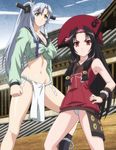  2girls black_hair breasts fundoshi gotou_matabei highres hyakka_ryouran_samurai_girls large_breasts long_hair multiple_girls panties red_eyes sanada_yukimura_(hyakka_ryouran) small_breasts standing stitched underwear upskirt white_hair white_panties 