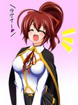  ahoge arc_system_works blazblue blush breasts brown_hair cape celica_a_mercury eyes_closed gradient gradient_background hair_ribbon long_hair open_mouth ponytail ribbon school_uniform smile solo yaeba 