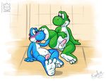  2015 anthro anthrofied balls blush cellshaded chubby digital_media_(artwork) duo erection flaccid foot_fetish grin inside male male/male mario_bros nintendo nude one_eye_closed open_mouth penis raukue signature video_games yoshi 