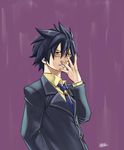  1boy adjusting_glasses black_hair fairy_tail formal glasses gray_fullbuster male_focus mashima_hiro necktie official_art pin simple_background suit tie 