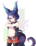  animal_ear_fluff animal_ears belt black_hair blade_&amp;_soul cm collar dog_ears flat_chest glasses legwear_under_shorts lyn_(blade_&amp;_soul) navel open_clothes open_shorts pantyhose red_eyes shirt shirt_lift short_hair shorts sleeveless sleeveless_shirt solo tail unbuckled_belt unbuttoned undressing 