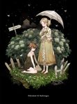  barefoot brown_eyes brown_hair bug bush butterfly dark dress fence finger_to_mouth floral_print flower house hydrangea insect leaf light_brown_hair long_sleeves mikebosi multiple_girls original short_hair sign sitting sky star_(sky) starry_sky umbrella wariza 