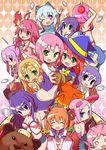  6+girls alice_wishheart animal_ears bikini blonde_hair blue_hair claire_(hihouden) earrings flower gloves green_eyes hat hibiscus hihouden jewelry kaitou_tenshi_twin_angel long_hair magical_halloween minazuki_haruka_(twin_angel) mitsuide_dollbako! multiple_girls oizumi orange_hair pink_hair purple_eyes red_eyes rio_rollins rondo_umigame short_hair skirt smile super_blackjack swimsuit symbol-shaped_pupils twin_angel witch_hat 