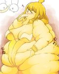  1girl aliasing banana blonde_hair breasts fat food food_girl fruit gradient gradient_background large_breasts morbidly_obese munimuni_kinoko obese transformation weight_gain yellow_eyes 