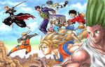  antlers avengers:_age_of_ultron bare_chest black_hair bleach blonde_hair blue_sky chain closed_eyes company_connection crosshatching crossover day dougi dragon_ball dragon_ball_z flying forehead_protector gakuran gon-san gon_freecss green_eyes green_hair grin hat hat_around_neck hat_removed headband headwear_removed highres hunter_x_hunter japanese_clothes jojo_no_kimyou_na_bouken katana knife kurosaki_ichigo kuujou_joutarou male_focus midair monkey_d_luffy mountain multiple_boys multiple_crossover naruto naruto_(series) naruto_shippuuden one_piece orange_hair outline parody reindeer riding scar school_uniform shorts shounen_jump signature sky smile son_gokuu stand_(jojo) star_platinum stardust_crusaders straw_hat super_saiyan sword takumi_(marlboro) tank_top tensa_zangetsu_(bankai) tony_tony_chopper traditional_media uzumaki_naruto watercolor_(medium) weapon 