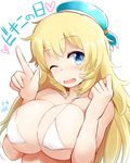  ;d atago_(kantai_collection) bikini_top blonde_hair blue_eyes breasts hat heart index_finger_raised kantai_collection large_breasts long_hair mizuyan one_eye_closed open_mouth simple_background smile solo translated white_background 