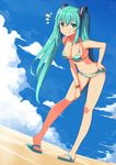  1girl aqua_eyes aqua_hair armpits bare_arms bare_shoulders beach bikini blue_sky blush bracelet breasts cleavage cloud collarbone colored_stripes day dutch_angle eyebrows_visible_through_hair frilled_bikini_bottom full_body grin hair_ornament hand_on_hip hatsune_miku highres jewelry leaning_forward long_hair multicolored multicolored_bikini multicolored_clothes navel outdoors parted_lips saiste sandals sky smile solo standing stomach striped striped_bikini swimsuit tareme twintails very_long_hair vocaloid 