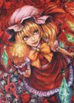 artist_name blonde_hair blood blood_splatter bow bowtie crystal flandre_scarlet hat hat_ribbon johnalay laevatein looking_up mob_cap oil_painting_(medium) open_mouth red_background red_eyes red_ribbon red_skirt ribbon short_hair short_sleeves side_ponytail skirt skirt_set skull smile solo touhou weapon wings wrist_cuffs yellow_bow 