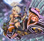  breasts butt_crack cape cleavage dark_skin detached_collar earrings elbow_gloves fingerless_gloves gloves grey_hair ground_vehicle gun high_heels highres holding holding_gun holding_weapon jewelry knife large_breasts looking_at_viewer million_arthur_(series) monocle motor_vehicle motorcycle red_eyes riding satou_daiji sheath sheathed side_ponytail solo thighhighs weapon 