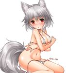  animal_ears bikini blush breast_hold breasts inubashiri_momiji jpeg_artifacts kei_kei large_breasts looking_at_viewer micro_bikini navel red_eyes short_hair silver_hair solo swimsuit tail touhou twitter_username white_bikini wolf_ears wolf_tail 