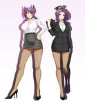  blonde_hair breasts brown_legwear closed_eyes formal full_body gradient gradient_background hair_intakes hand_on_hip headgear high-waist_skirt high_heels kantai_collection large_breasts mechanical_halo miniskirt mole mole_under_eye office_lady pantyhose parted_lips pencil_skirt purple_background purple_eyes purple_hair short_hair skirt skirt_suit solo standing suit suruga_kreuz tatsuta_(kantai_collection) tenryuu_(kantai_collection) 