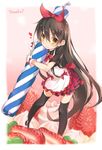  :3 apron black_legwear bow brown_hair cake candle food from_above fruit gloves hair_bow heart icing long_hair looking_at_viewer minigirl roke shakugan_no_shana shana skirt solo strawberry thighhighs very_long_hair yellow_eyes zettai_ryouiki 