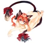  animal_ears braid cat_ears cat_tail kaenbyou_rin konabetate long_hair multiple_tails nude red_eyes red_hair ribbon simple_background solo tail tail_ribbon touhou twin_braids white_background 