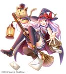  ;d bag black_legwear boots bow broom broom_riding cape cat dansa envelope hat hat_bow highres lantern official_art one_eye_closed open_mouth original outstretched_arm purple_eyes short_sleeves shoulder_bag simple_background smile solo thigh_boots thighhighs white_background witch_hat 