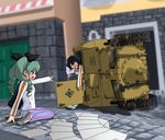  anchovy angry black_hair braid carro_veloce_cv-33 casual closed_eyes commentary crash drill_hair girls_und_panzer green_hair ground_vehicle hair_ribbon hand_on_own_head highres l3_(tank) long_sleeves military military_vehicle motor_vehicle multiple_girls newspaper open_mouth pepperoni_(girls_und_panzer) pointing ribbon shoes sitting sneakers tank track_suit twin_drills twintails wariza wince yamucya01 