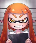  domino_mask grin holding inkling looking_at_viewer mask monster_girl pointy_ears smile solo splatoon_(series) splatoon_1 tentacle_hair tomoyohi upper_body 