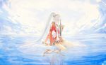  dress eyes_closed gradient gradient_background hair_ornament jewelry lailah_(tales) ponytail reflection shoes sword tales_of_(series) tales_of_zestiria very_long_hair water white_hair 